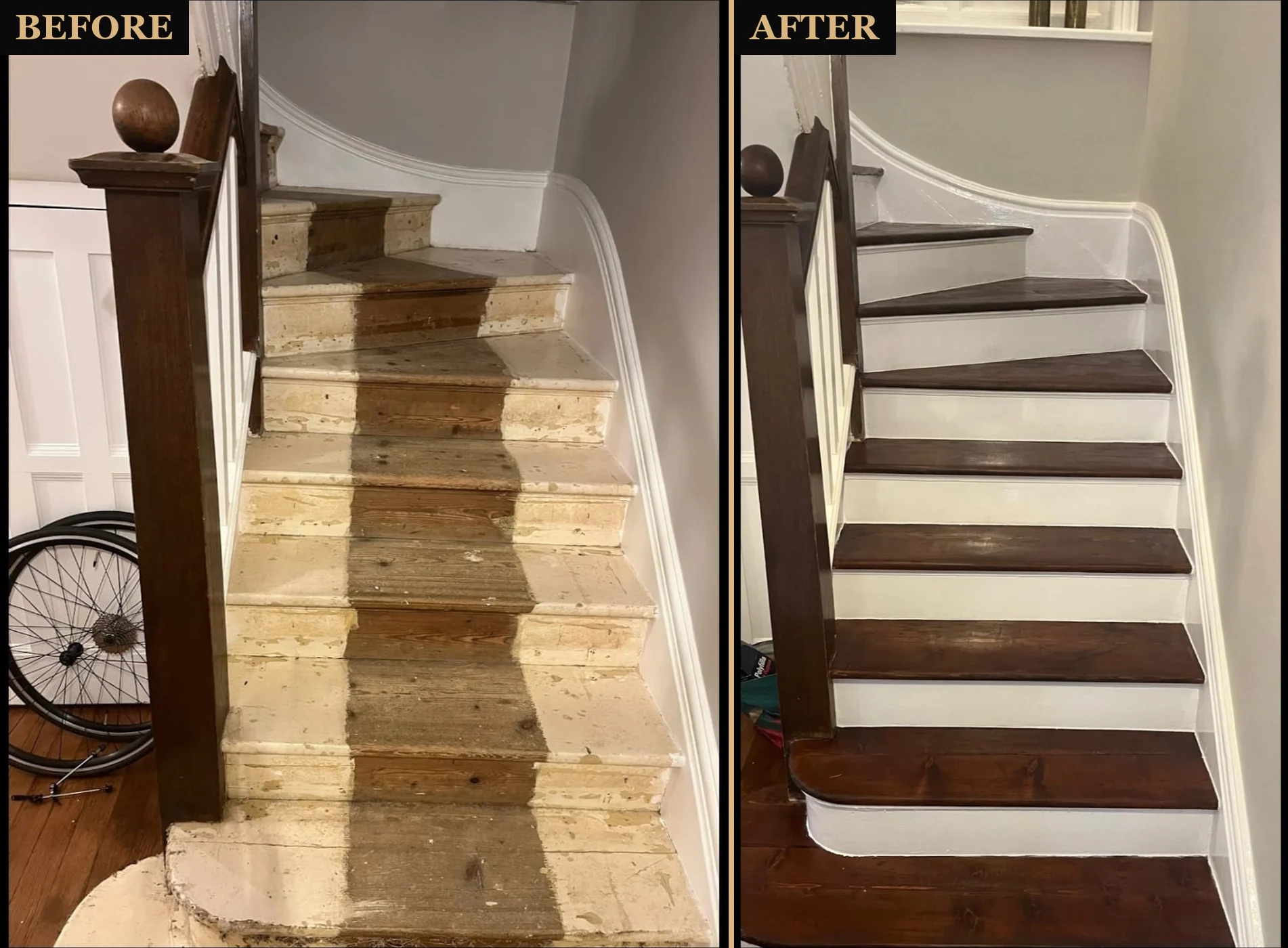 Before and after: a London pine staircase, carpet runner marks sanded away, treads stained dark and risers painted white to match the skirting, by Howard Naish