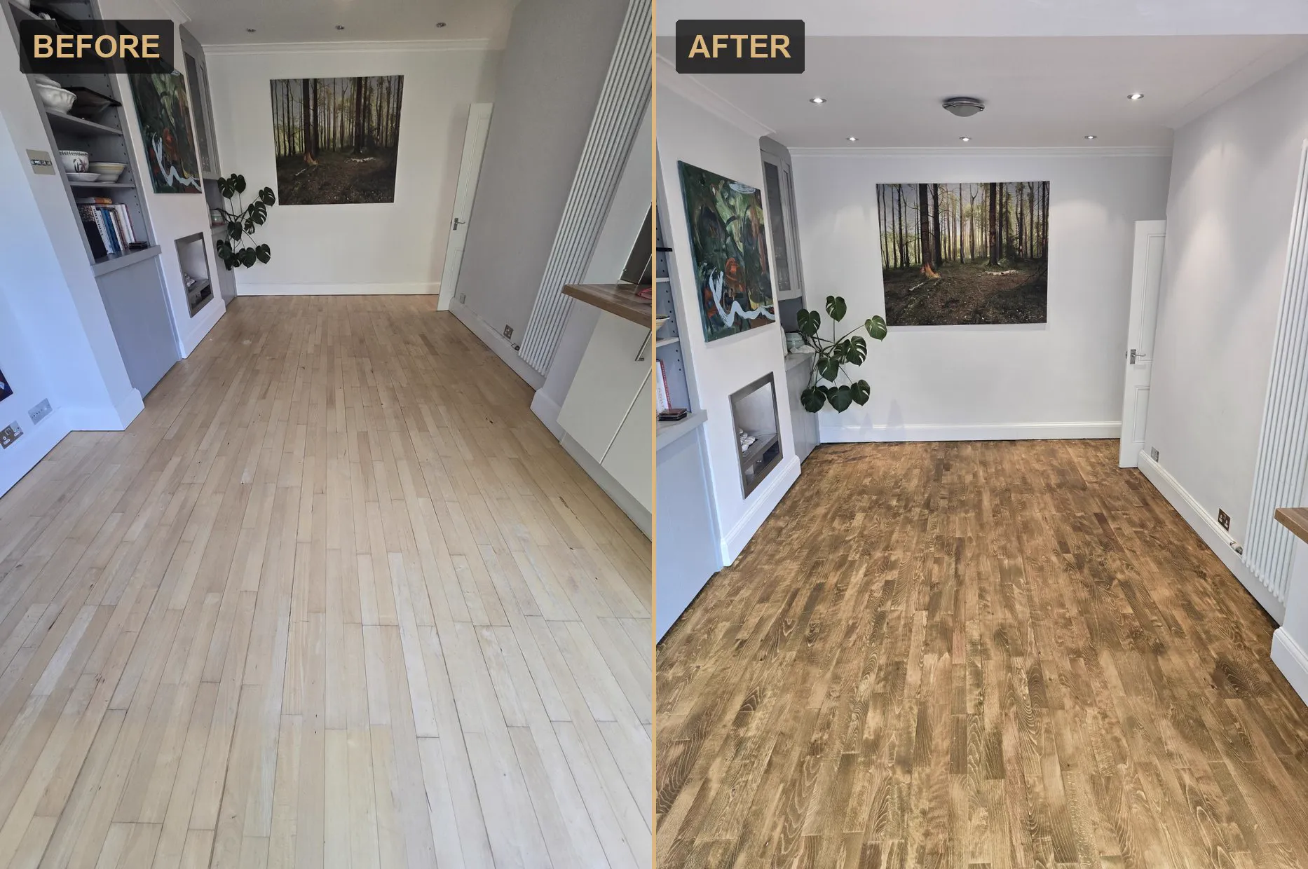 Before and after: pale beech floor in Gipsy Hill sanded and stained a rich even brown by Howard Naish
