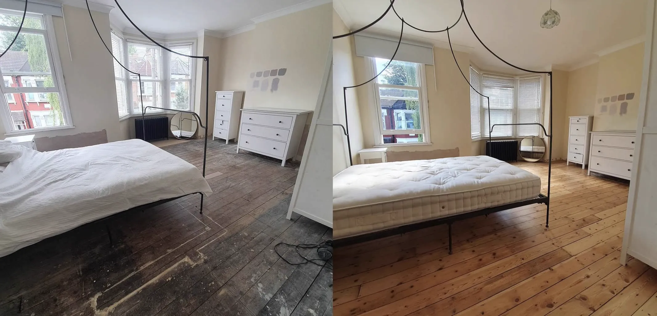 Grey worn original pine bedroom floorboards