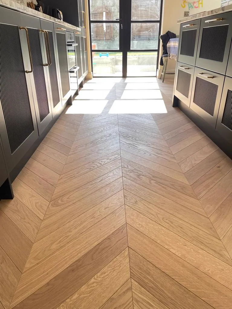 Chevron oak floor in a Dulwich kitchen extension