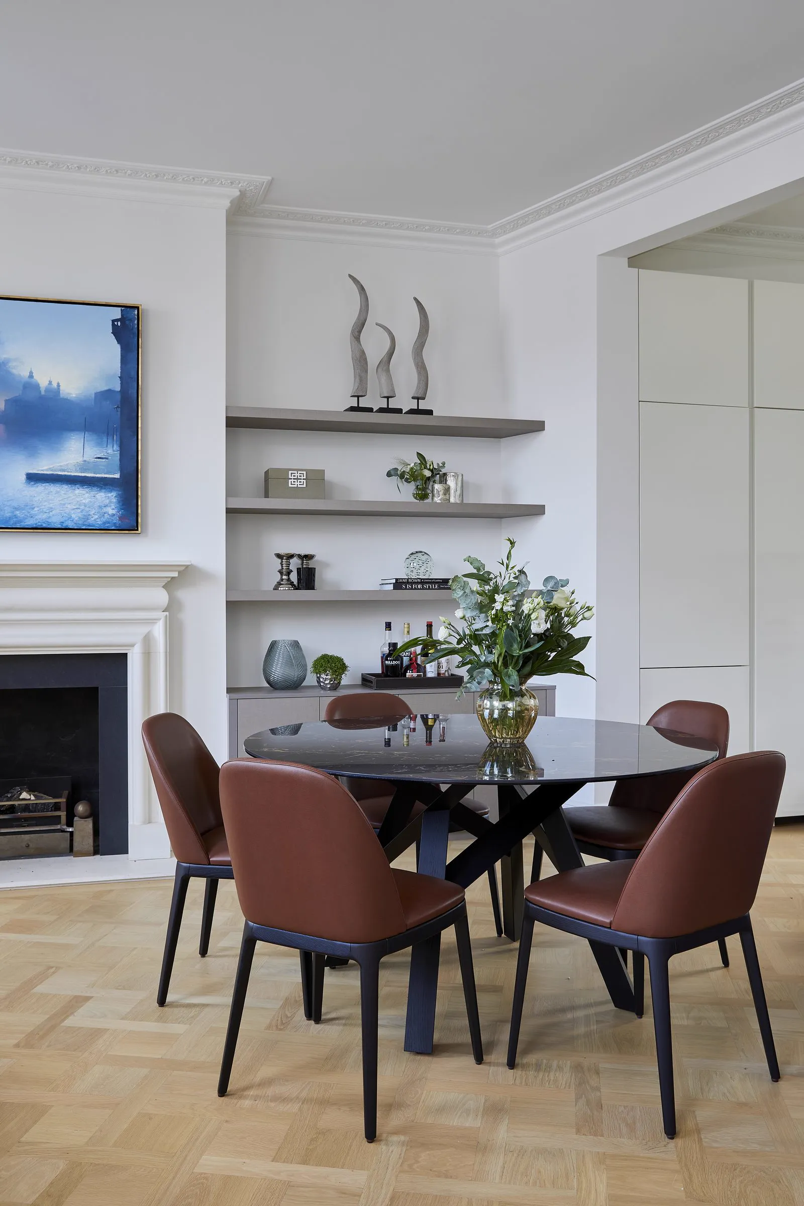 Oak basket weave floor in a Holland Park dining room
