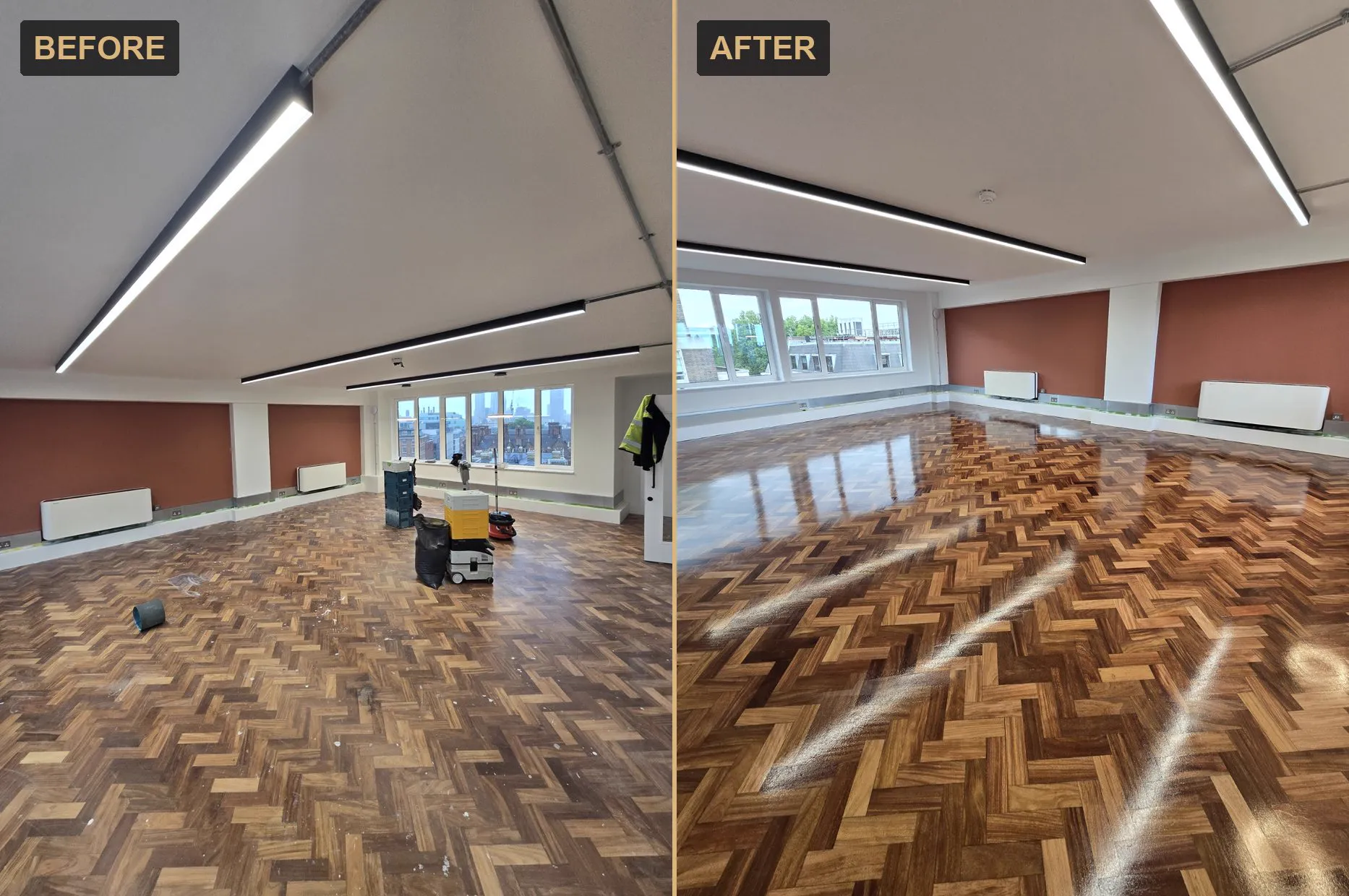 Before and after of a Kensington W8 office herringbone floor sanded and refinished by Howard Naish