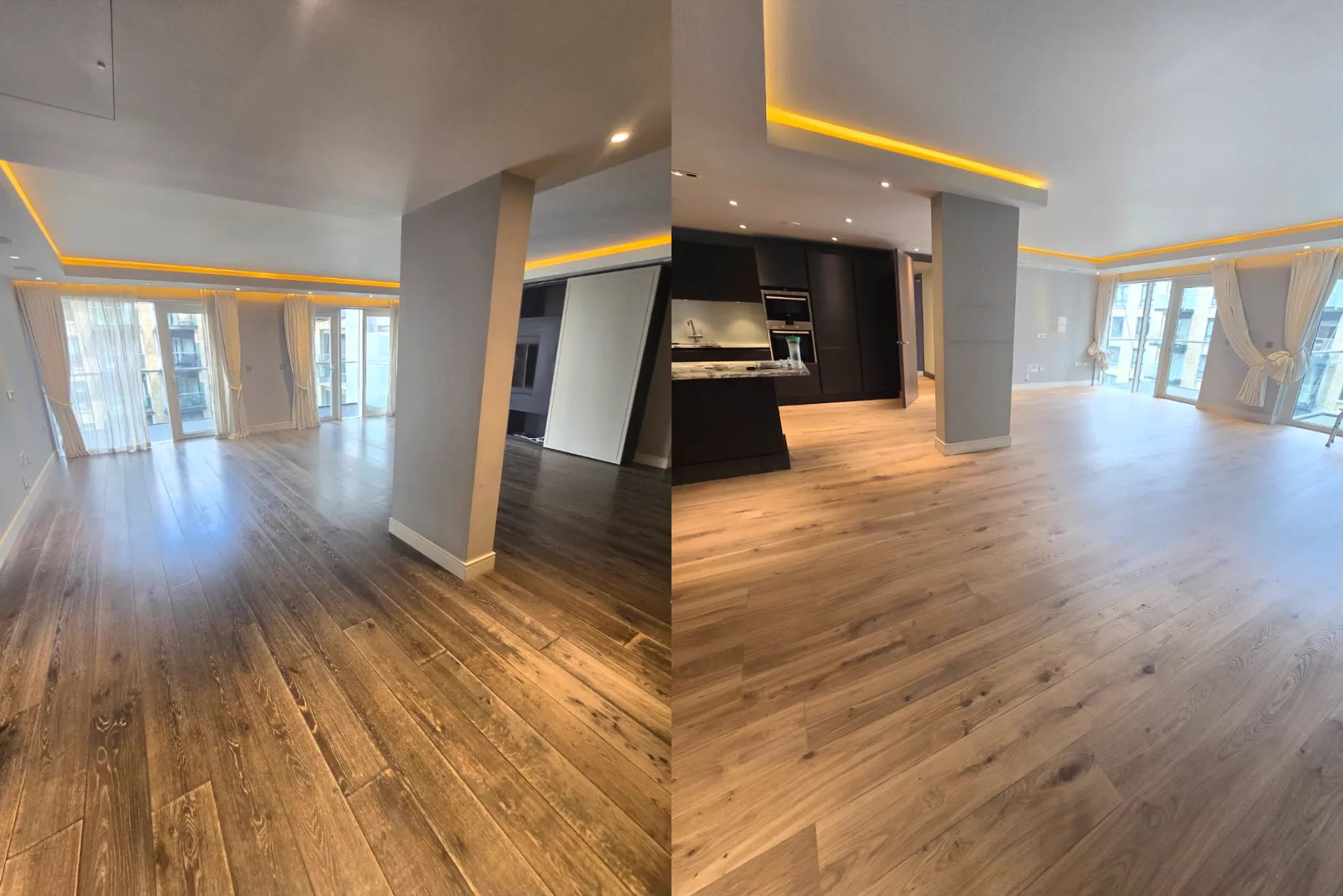 Dark tired oak in a Putney SW15 riverside apartment living space