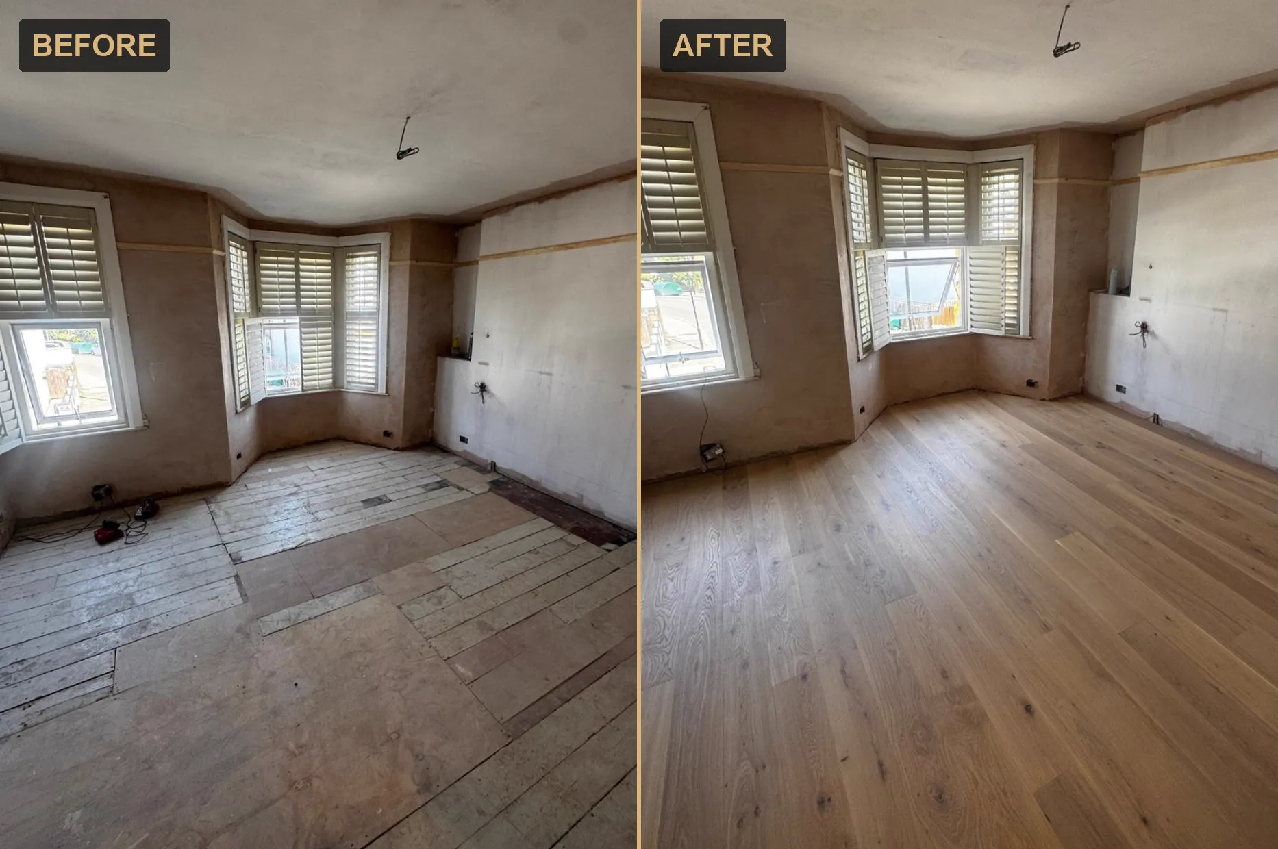 Before and after: bare renovation room transformed with a new engineered oak floor fitted by Howard Naish