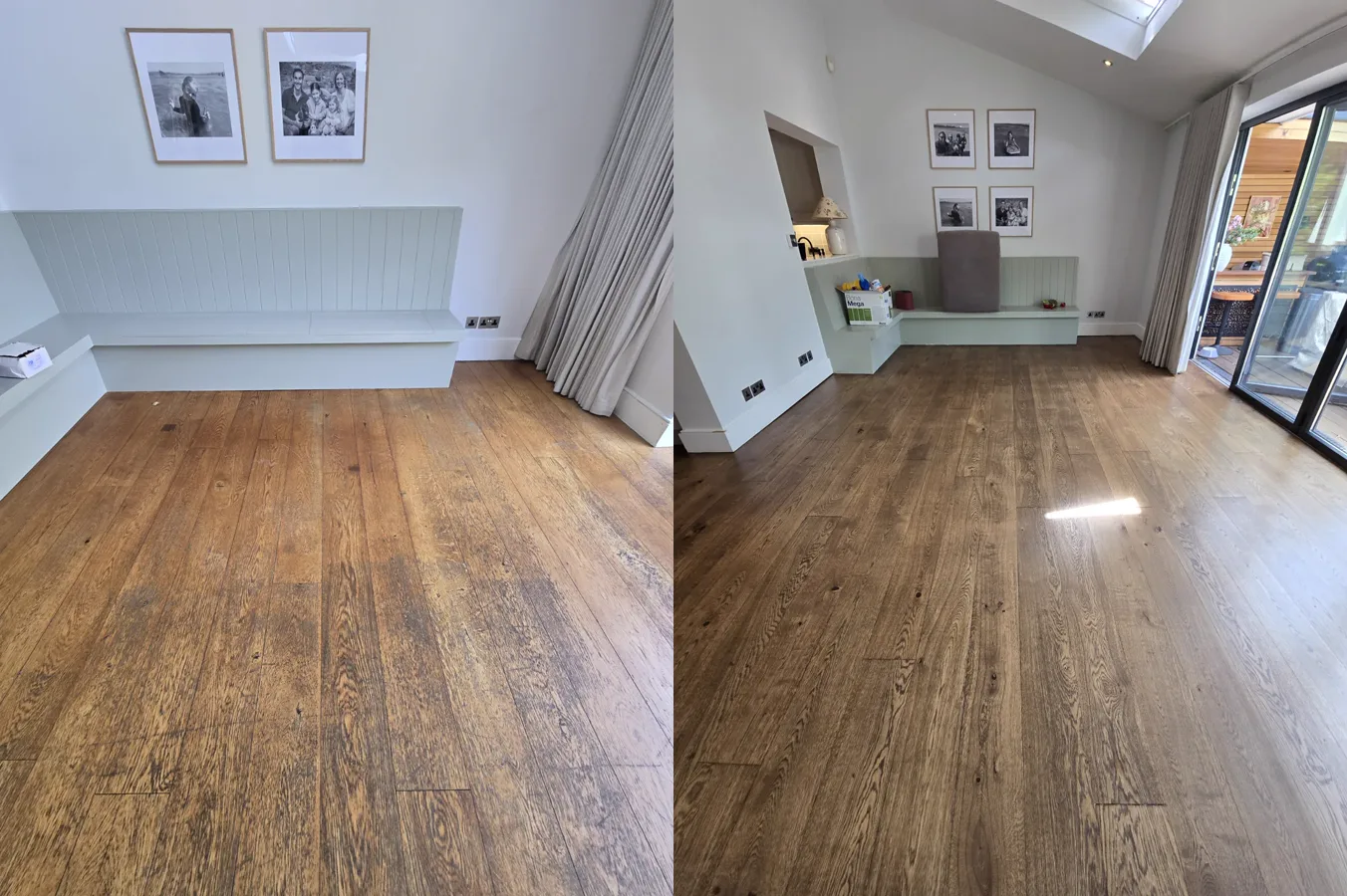 Before and after: scratched oak boards by a window seat in Southfields SW18 restored to an even weathered brown by Howard Naish