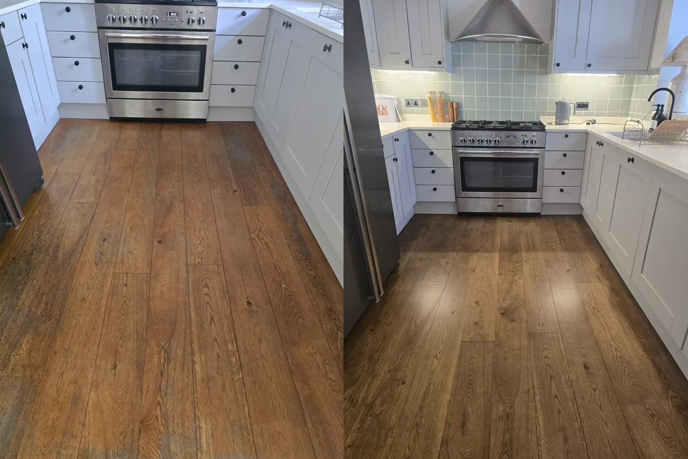 Before and after: worn orange oak kitchen floor in Southfields SW18 stripped back and stained a weathered brown by Howard Naish