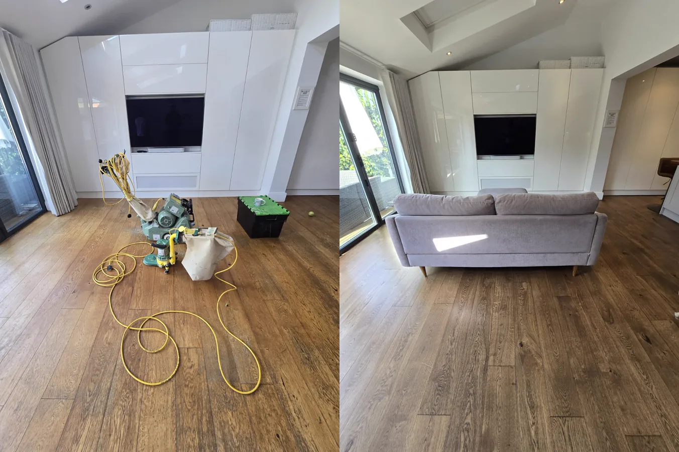 Before and after: chipped orange living room floor in Southfields SW18 sanded and refinished in LOBA Provincial by Howard Naish