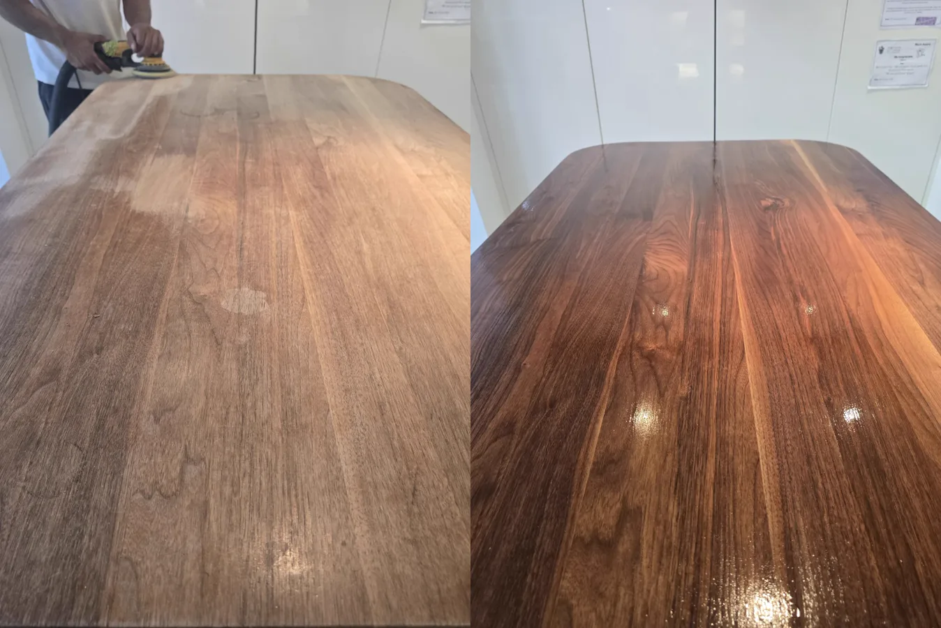 Before and after: worn solid walnut kitchen worktop in Southfields SW18 sanded back and refinished with Osmo oil by Howard Naish
